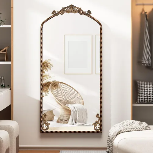 Miniatura 2 de Espejo de longitud completa arqueado negro de 71 x 32 pulgadas, espejo grande de inspiración barroca para piso o pared, espejo colgante envejecido