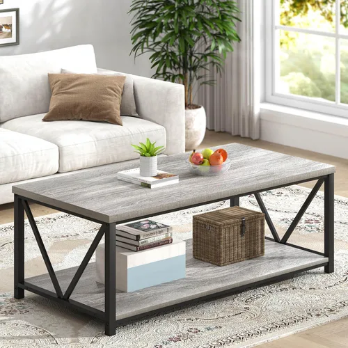 Miniatura 14 de FOLUBAN Mesa de centro con almacenamiento, mesas centrales pequeñas modernas para espacios pequeños, mesa de cóctel de madera rústica y metal