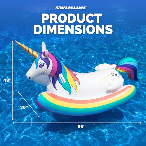 Miniatura 5 de SWIMLINE Juguete flotante original de unicornio arcoíris mecedora para piscina, con asas fáciles de agarrar y refuerzos laterales estabilizadores