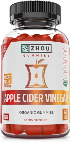 Zhou Gomitas de vinagre de sidra de manzana, gomitas ACV para mujeres y hombres con saúco, delicioso sabor con azúcar de caña cruda, USDA Organic -