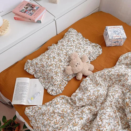 BuLuTu Funda de almohada de muselina de algodón con borde de volantes y flores de hibisco para niños, almohada de viaje suave para niños, niñas,