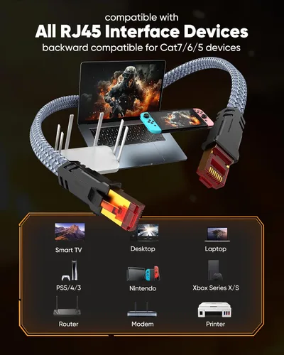 Miniatura 7 de Cable Ethernet Cat 8 de 100 pies, Snowkids de alta velocidad de 40 Gbps, cable LAN trenzado de alta resistencia de 2000 MHz, conector RJ45 chapado