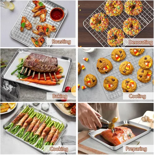 Miniatura 7 de P&P CHEF Molde para horno tostador de 12.5 + 9 pulgadas con juego de estante, bandeja de acero inoxidable para hornear y rejilla de enfriamiento