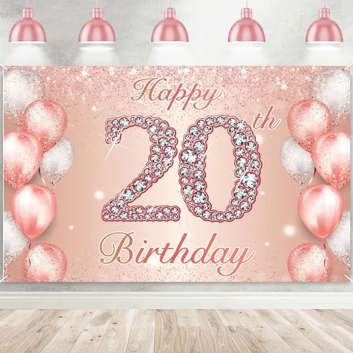 Pancarta de Feliz 20 Cumpleaños Oro Rosa Cheers to 20 Years Old Telón de Fondo Globos de Confeti Decoración Temática para Niñas Mujeres de 20 Años