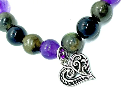 Miniatura 3 de DCE - Pulseras de triple piedra de protección óptima. Pulsera elástica de cristal curativo con cuentas de turmalina negra con dije de corazón por