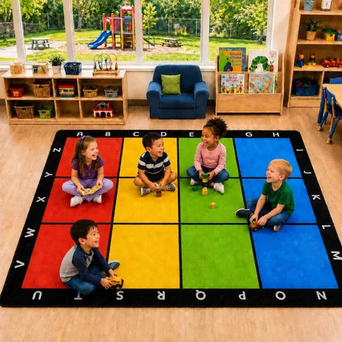Miniatura 29 de Alfombras de juego para aula, alfombra de 5 x 7 pies para niños con parte trasera de goma, círculo colorido sobre fondo azul, alfombra de juego