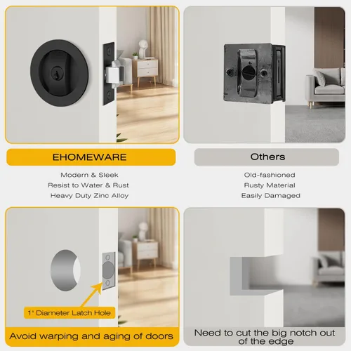 Miniatura 6 de EHOMEWARE 1 paquete de herrajes para puerta de bolsillo negro mate, manijas de puerta de bolsillo empotradas, cerradura de puerta de bolsillo