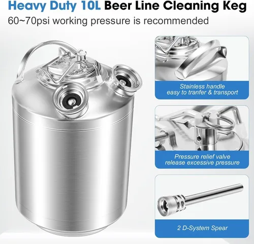 Miniatura 4 de Kit de limpieza Kegerator de 2.5 galones, kit de limpieza de línea de cerveza de acero inoxidable 304 con acoplador 2D, kit de limpieza de barril