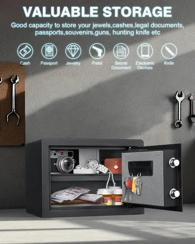 Miniatura 5 de Jinxnobi Caja de seguridad pequeña biométrica con candado, 0.78 pies cúbicos, caja de seguridad de estante removible de acceso rápido con escáner