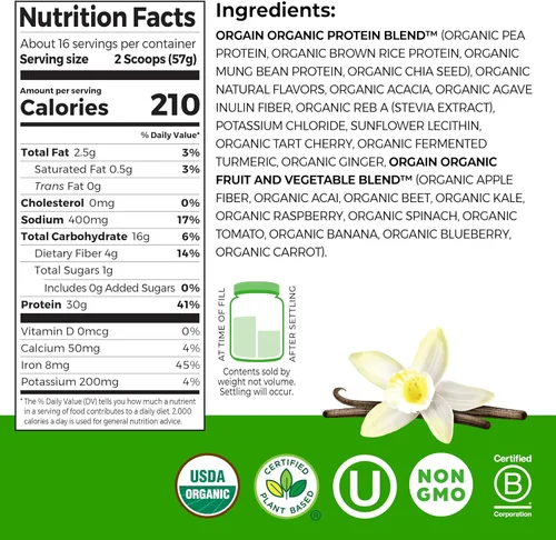 Miniatura 2 de Orgain Orgánico Polvo de Proteína Vegana a Base de Plantas 30g, Vainilla, 9g EAAs + BCAAs, Alta Proteína Vegetal, 4g Prebiótico + Fibra, 1g Azúcar