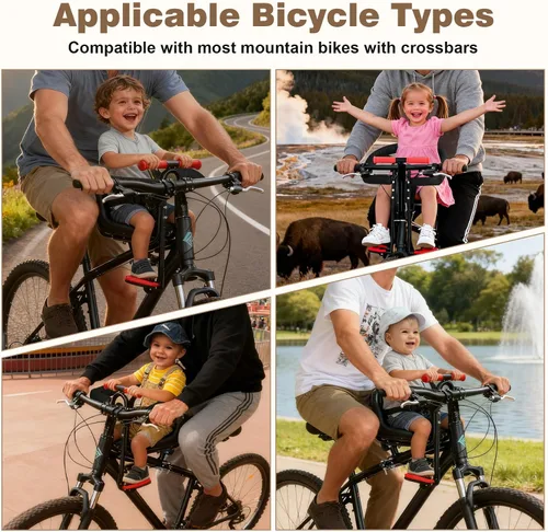 Miniatura 7 de Asiento infantil para bicicleta, asiento de bicicleta infantil montado en la parte delantera, barandilla totalmente cerrada, altura ajustable