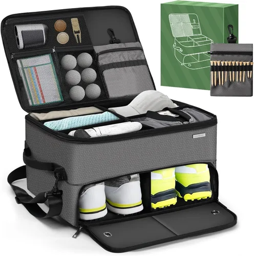 Miniatura 8 de Organizador de maletero de golf para coche SUV con compartimento para zapatos y divisor Bolsa de almacenamiento de golf de 2 capas para bolas
