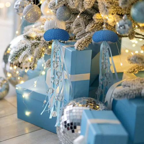 Miniatura 4 de Namalu 6 piezas de adorno de Navidad de erizo de mar y medusa con cuentas costeras, decoración festiva de playa con temática de océano, adorno Azul