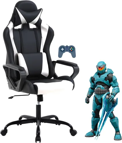 Miniatura 16 de Silla ergonómica para videojuegos, silla de oficina de piel sintética con respaldo alto y soporte lumbar ajustable y reposacabezas - Silla giratoria