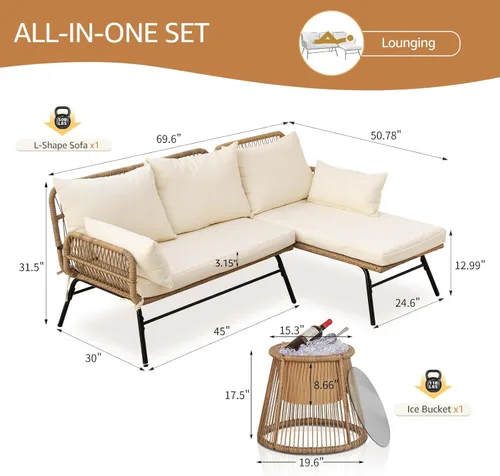 Miniatura 4 de NICESOUL Juego de 3 muebles de patio al aire libre en forma de L estilo bohemio con cómodo cojín de 2 pulgadas de grosor, respaldo alto, capacidad