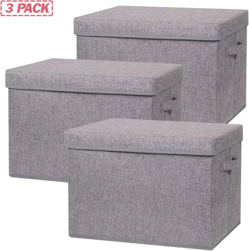 Miniatura 3 de TENABORT Paquete de 3 cajas de almacenamiento plegables grandes con tapas, cubos de almacenamiento de tela, contenedores de tela, cestas
