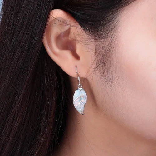 Miniatura 3 de CiNily Aretes colgantes chapados en oro blanco de 18 quilates con hoja de ópalo para mujeres, adolescentes y niñas, regalo de joyería de ópalo