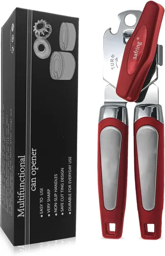 Miniatura 9 de Safring Abrelatas manual, de mano de acero inoxidable resistente y resistente, mango cómodo, borde liso de hoja afilada, abrelatas con abrebotellas