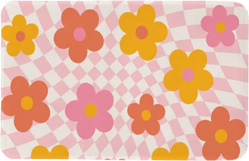 EXUQO Tapete de puerta de flores, tapete delantero de flores rosas, tapetes retro de los años 70 para dormitorio de niñas, cocina, baño, felpudos de