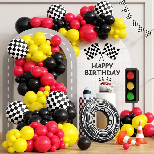 Kit de arco de globos de auto de carreras de 132 piezas, decoraciones de fiesta con globos rojos, negros y amarillos, globos de rueda a cuadros para