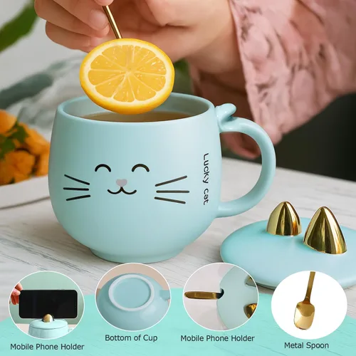 Miniatura 6 de Yuwu Taza de café de cerámica con cuchara y tapa, taza de 13.5 onzas con tapa de soporte para teléfono, bonita taza de té para mujeres y entusiastas