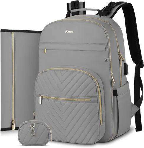 Miniatura 16 de MOMUVO Mochila para pañales, bolsa de bebé acolchada con cambiador, correas para cochecito y funda para chupete, bolsas de pañales de viaje grandes