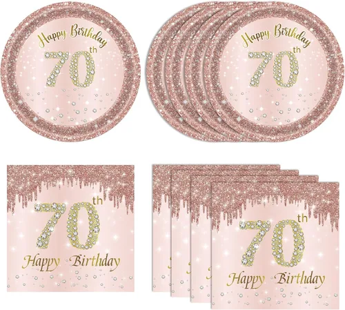 Decoraciones de cumpleaños número 70 para mujer, decoraciones de cumpleaños número 70, platos y servilletas de oro rosa, decoraciones de cumpleaños