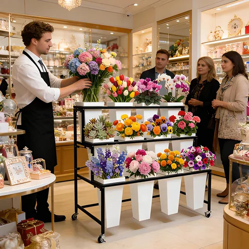 Miniatura 9 de Soporte de exhibición de flores de 3 niveles, soporte móvil de metal para plantas con 12 cubos, carrito de flores con ruedas, adecuado