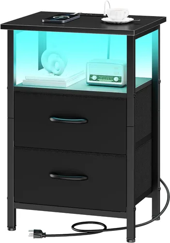 Miniatura 20 de Vagusicc Nightstand with Charging Station, End Table Bedside Table with 2 Fabric Drawers, Black Night Stand with USB Ports & Outlets, 24.2" Tall Bed