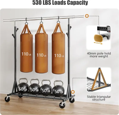 Miniatura 2 de Gewudraw Estante de ropa resistente con carga de 900 libras, estante comercial de doble barra con ruedas y estantes resistentes, estante colgante