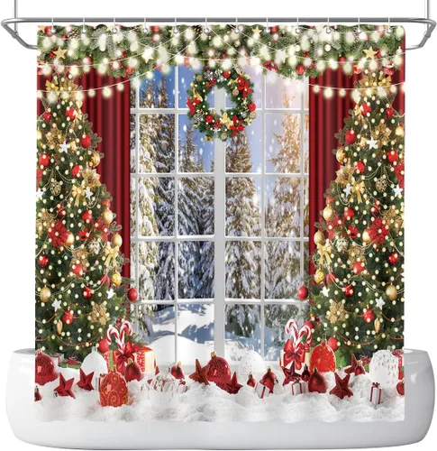 Miniatura 6 de Cortina de ducha de Navidad con ventana, cortinas de escena para baño, decoración de invierno, árbol de Navidad brillante, bañeras de baño, cortinas