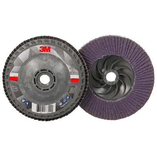 Miniatura 37 de 3M Disco de Solapa 769F, Tipo 27, 80+, 4-1/2 in x 7/8 in, Abrasivo de Alto Rendimiento, Disco de Rectificado y Acabado de Grano Cerámico