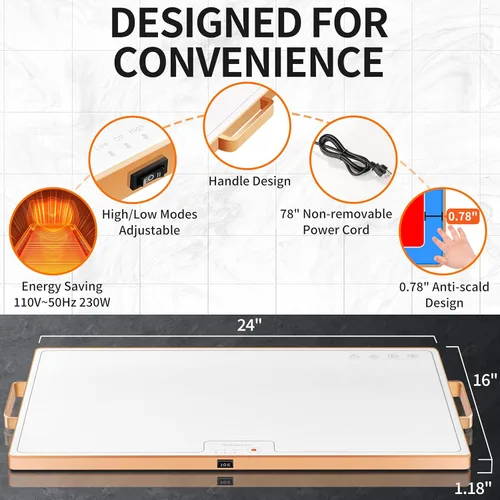 Miniatura 3 de Bandeja calentadora de alimentos (XL 24"x16"), calentadores de alimentos para fiestas, buffet y uso diario, bandeja calentadora eléctrica de Blanco