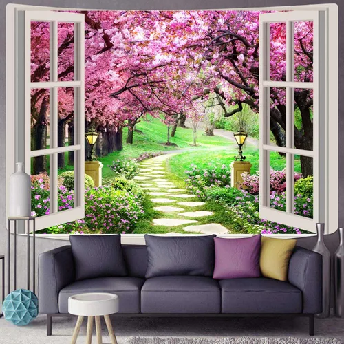 Miniatura 2 de Tapiz japonés de flores de cerezo para ventana, camino de bosque de árboles, flores rosas, botánico, floral, paisaje natural, estético para sala