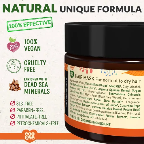 Miniatura 2 de ecoLove Mascarilla capilar para cabello seco, dañado y rizado, tratamiento acondicionador profundo con extracto de zanahoria y calabaza, sin SLS ni