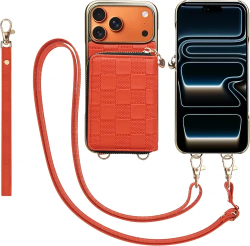 Miniatura 24 de Funda tipo cartera para iPhone 15 de 6.1 pulgadas, bolso cruzado con cremallera y correa para la muñeca con cordón para mujer, tarjetero con bloqueo