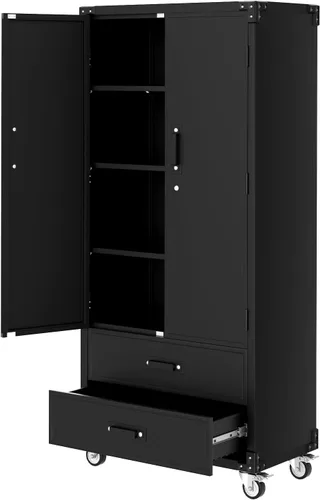 Miniatura 12 de GarveeHome Armario de almacenamiento de metal de 72 pulgadas con ruedas, puertas de bloqueo y 2 cajones, organizador de garaje rodante resistente
