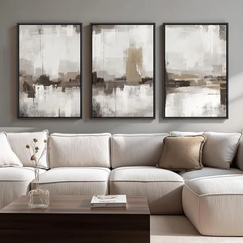 Miniatura 13 de Arte de pared abstracto neutro con marco grande para sala de estar, 3 piezas, impresiones modernas en lienzo para paredes, cuadros negros y beige