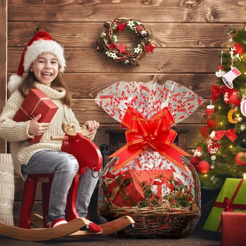 Miniatura 3 de Zonon 20 bolsas grandes de cesta de Navidad de 35 x 23 pulgadas, bolsas de celofán transparentes con copos de nieve, bastones de caramelo a cuadros