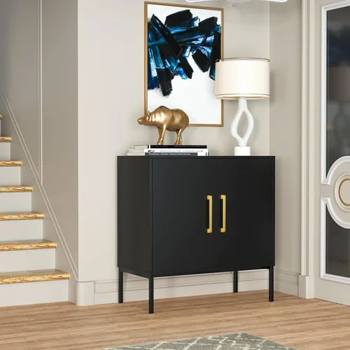 Miniatura 7 de JOZZBY Aparador de buffet con almacenamiento, gabinete de madera moderno con estantes ajustables, gabinetes negros y dorados para sala de estar