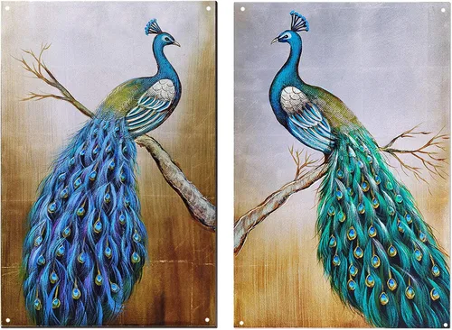 TISOSO Dos pavos reales, hermoso arte de pared, letrero de metal, decoración de pared para sala de estar, barra de arte vintage, decoración del