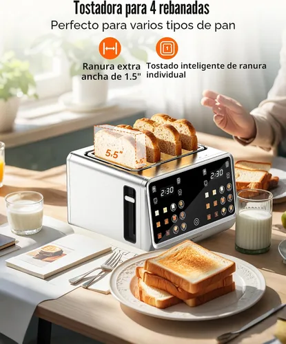 Miniatura 2 de Tostadora Keenstone de 4 rebanadas, tostadora inteligente digital con pantalla táctil, panel de control dual, tostado de ranura única, temporizador