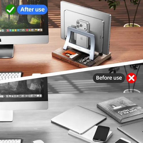Miniatura 7 de Soporte vertical para laptop para escritorio, soporte para MacBook con bloqueo automático por gravedad, soporte vertical de plástico ABS compatible