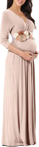 Miniatura 4 de Kim S Vestido largo de maternidad con banda de flores (S-3XL), vestido de fiesta baby shower con cuello en V fruncido