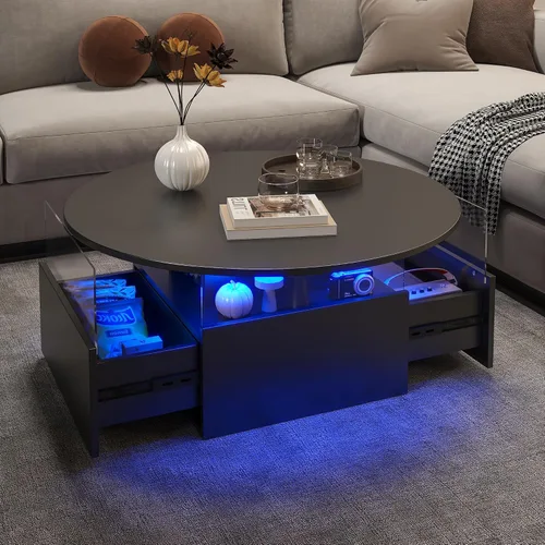 Miniatura 9 de HedoAjim Mesa de café redonda de 31.5" para sala de estar, mesa moderna de sala de estar con LED y almacenamiento, mesas de café cuadradas