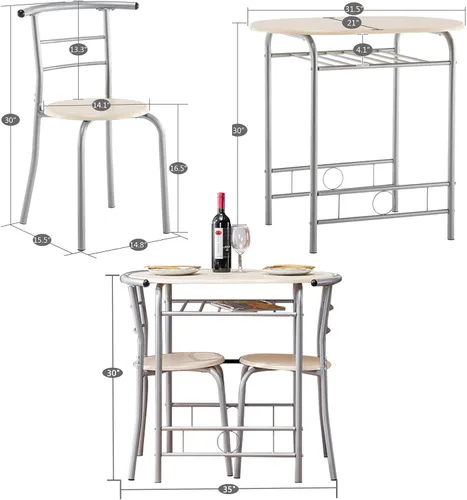 Miniatura 7 de VINGLI Juego de comedor de 3 piezas, juego de mesa de cocina pequeña para 2, juego de mesa de desayuno, mesa de madera de cocina con 2 sillas