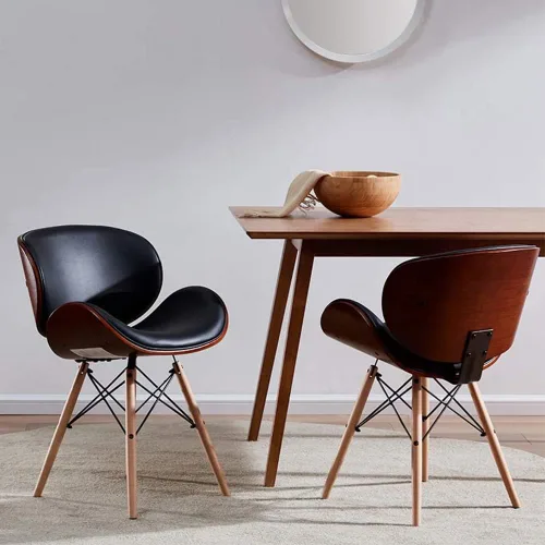 Miniatura 10 de BELLEZE Juego de 2 sillas de comedor modernas de mediados de siglo, tapizadas de piel sintética de nogal con respaldo curvado, silla de comedor