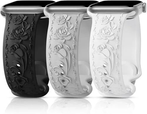 Miniatura 11 de 3 Packs Floral Engraved Bands Compatible with Apple Watch Band 40mm 41mm 38mm 42mm 44mm 45mm 49mm for Women, Silicone Cute Embossed Rose Apple Watch