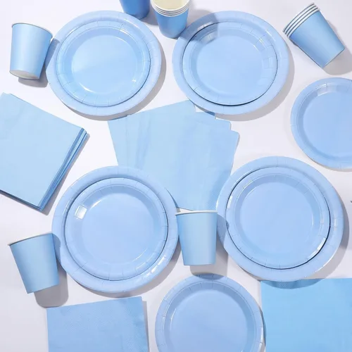 Miniatura 5 de Tioncy 200 platos de papel desechables azules y servilletas, suministros para fiesta de graduación para 50 invitados, juego de vajilla de papel