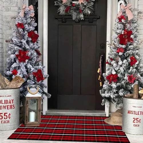 Miniatura 3 de Bottalive Alfombra de Navidad a Cuadros para Exteriores, 2' x 4'3'' Roja y Negra a Cuadros, Alfombra de Área para Interiores/Exteriores, Alfombra